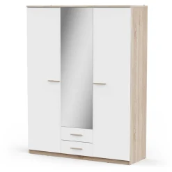 Kleiderschrank Seliena 3 Drehtüren, 1 Kleiderstange, 4 Einlegeböden und 2 Schubladen Eiche gebürstet/Mattweiß