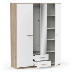 Kleiderschrank Seliena 3 Drehtüren, 1 Kleiderstange, 4 Einlegeböden und 2 Schubladen Eiche gebürstet/Mattweiß