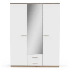 Kleiderschrank Seliena 3 Drehtüren, 1 Kleiderstange, 4 Einlegeböden und 2 Schubladen Eiche gebürstet/Mattweiß