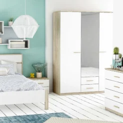 Kleiderschrank Seliena 3 Drehtüren, 1 Kleiderstange, 4 Einlegeböden und 2 Schubladen Eiche gebürstet/Mattweiß