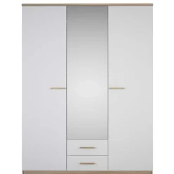 Kleiderschrank Seliena 3 Drehtüren, 1 Kleiderstange, 4 Einlegeböden und 2 Schubladen Eiche gebürstet/Mattweiß
