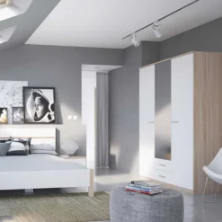Kleiderschrank Seliena 3 Drehtüren, 1 Kleiderstange, 4 Einlegeböden und 2 Schubladen Eiche gebürstet/Mattweiß