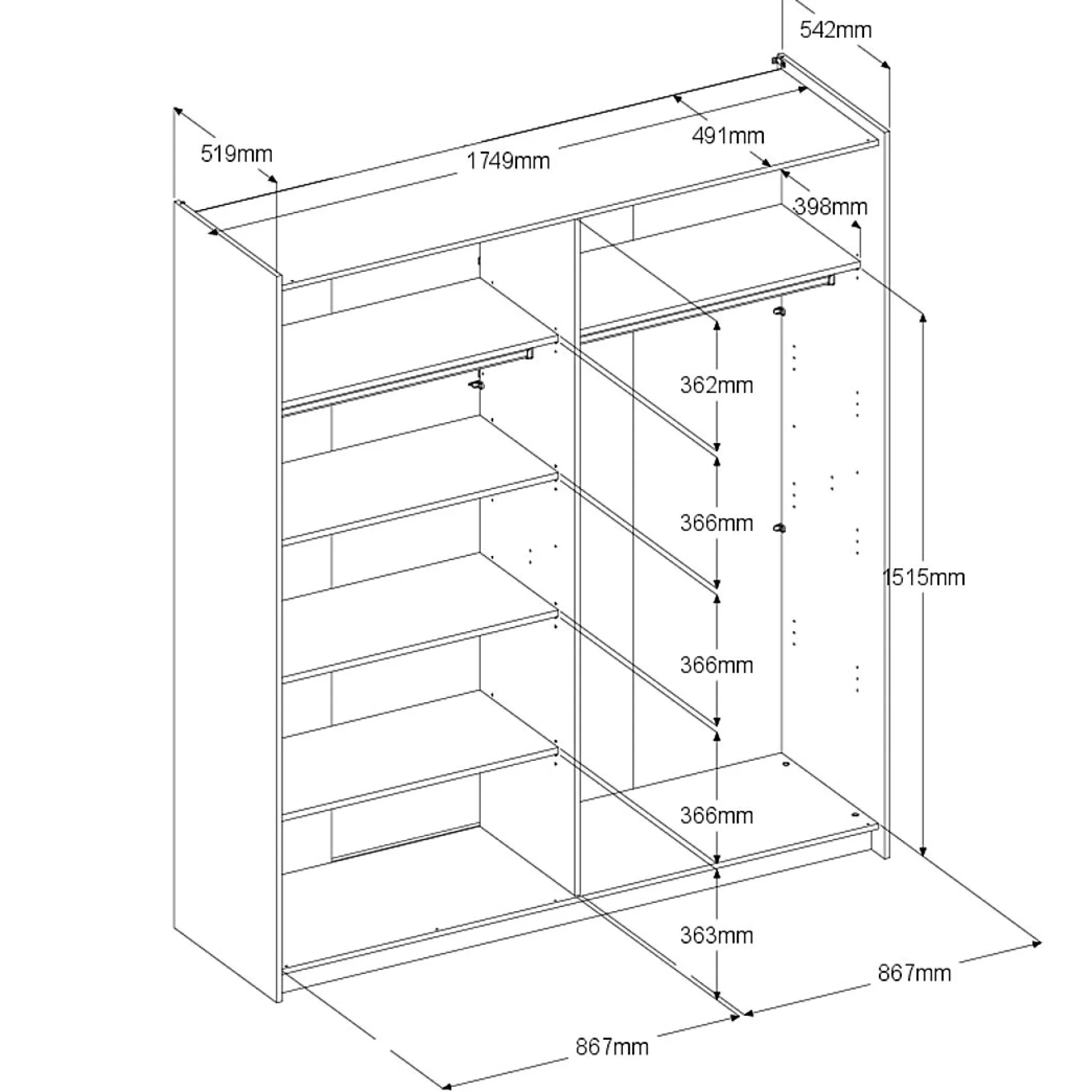 Kleiderschrank Swings - 178x59x203cm - 2 Türen - Eiche Dekor