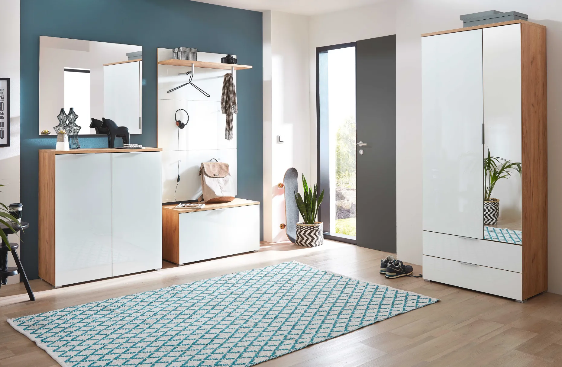 Kleiderschrank Tille 84cm mit 2 Türen und 2 Schubladen - weiß/Eiche