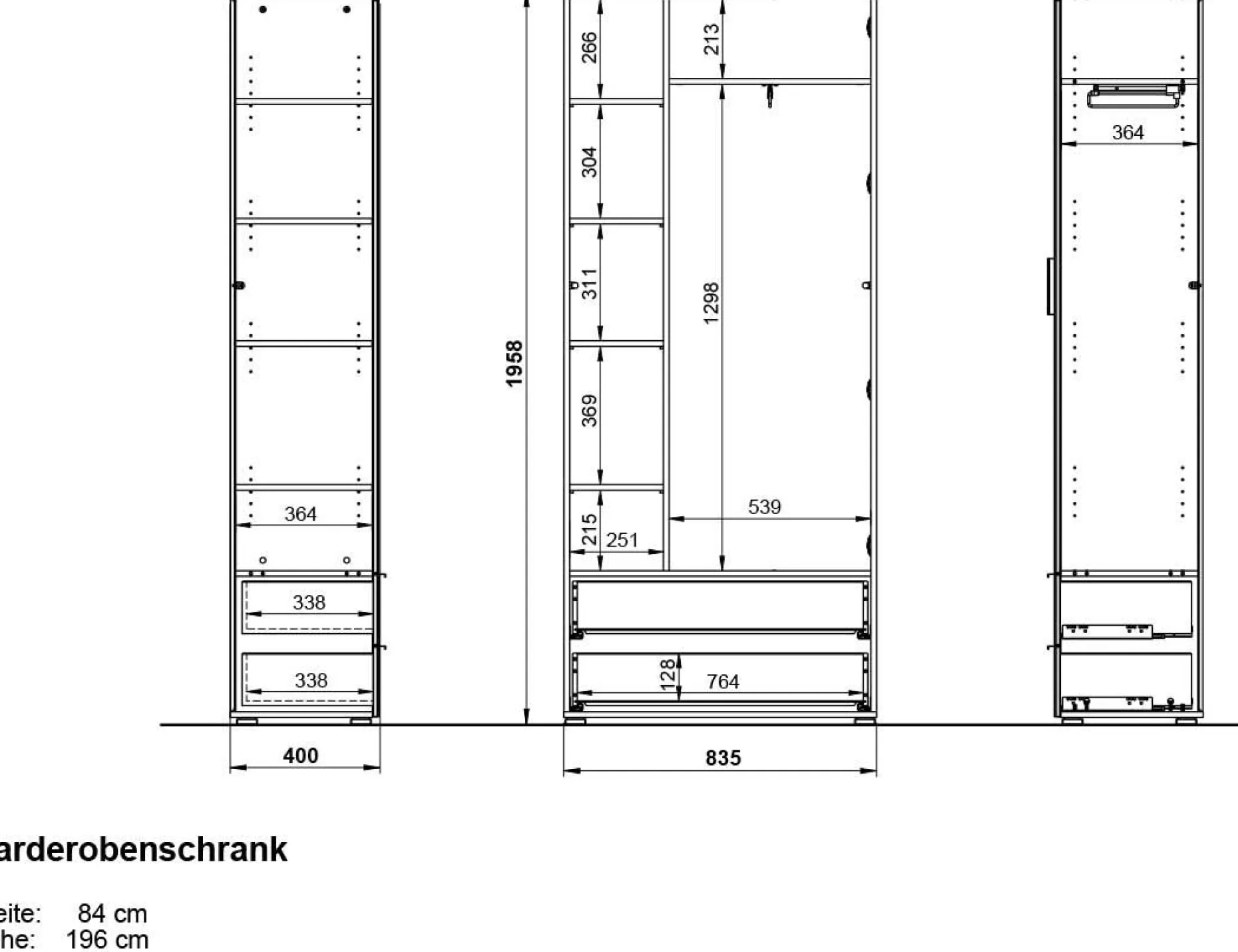 Kleiderschrank Tille 84cm mit 2 Türen und 2 Schubladen - weiß/Eiche