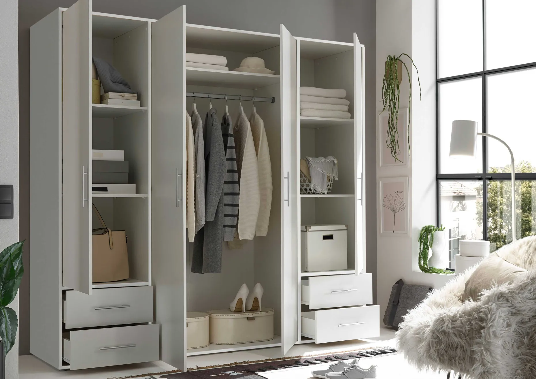 Kleiderschrank Valencia - 206x60x195cm - 4 Türen und 4 Schubladen - weiß