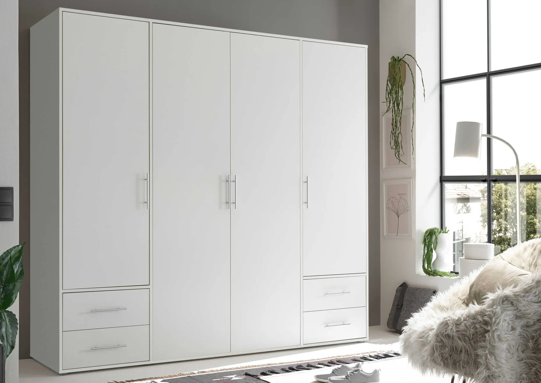 Kleiderschrank Valencia - 206x60x195cm - 4 Türen und 4 Schubladen - weiß