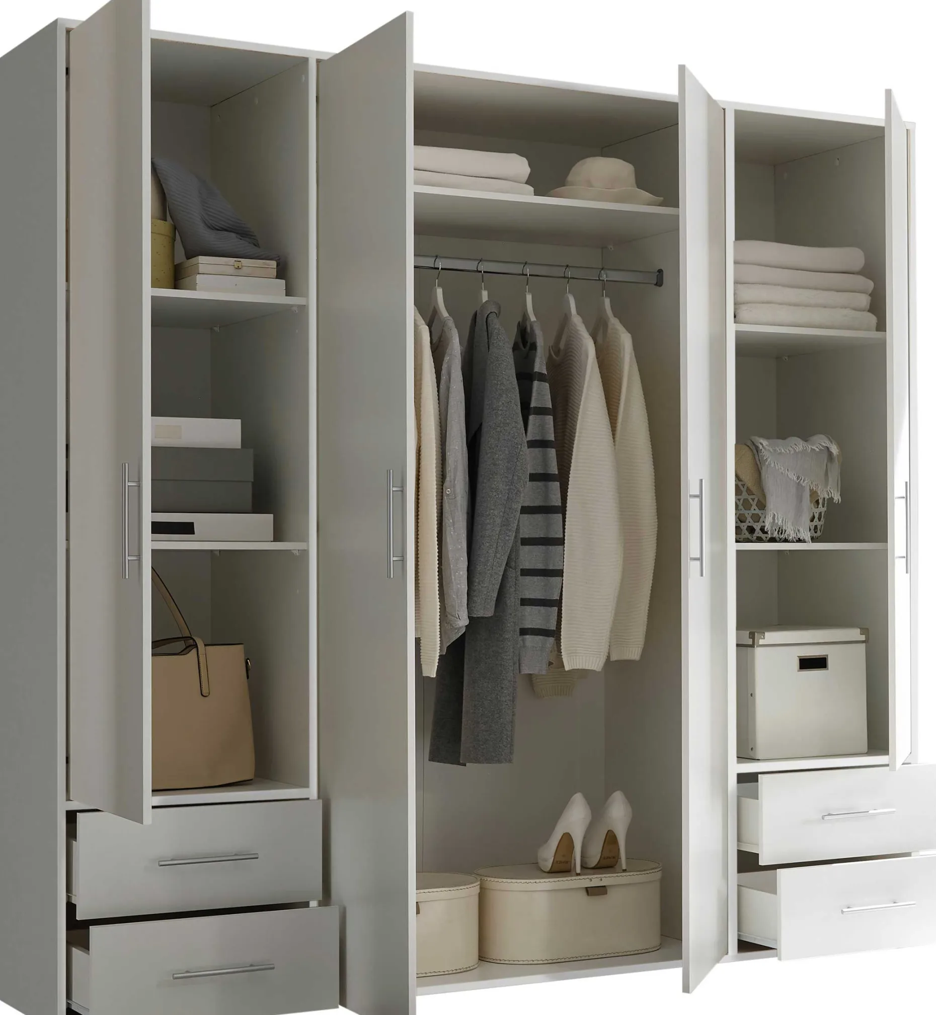 Kleiderschrank Valencia - 206x60x195cm - 4 Türen und 4 Schubladen - weiß