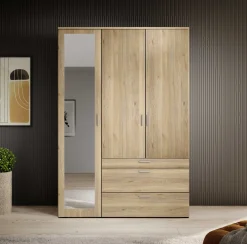 Kleiderschrank Vasili - 135x56x195cm - 3 Türen und 3 Schubladen - Eichendekor