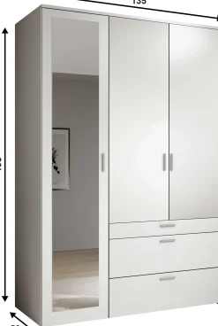 Kleiderschrank Vasili - 135x56x195cm - 3 Türen und 3 Schubladen - weiß