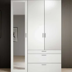 Kleiderschrank Vasili - 135x56x195cm - 3 Türen und 3 Schubladen - weiß