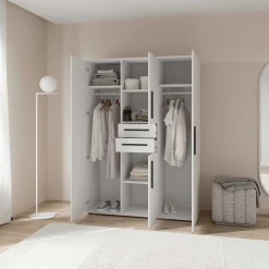 Kleiderschrank Versatil - 135x50x188cm - 4 Türen und 2 Schubladen - weiß