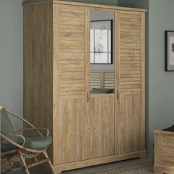 Kleiderschrank Wanda 170 cm 3 Türen und Spiegel - Braunes Kastanienholz
