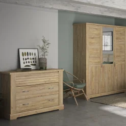Kleiderschrank Wanda 170 cm 3 Türen und Spiegel - Braunes Kastanienholz