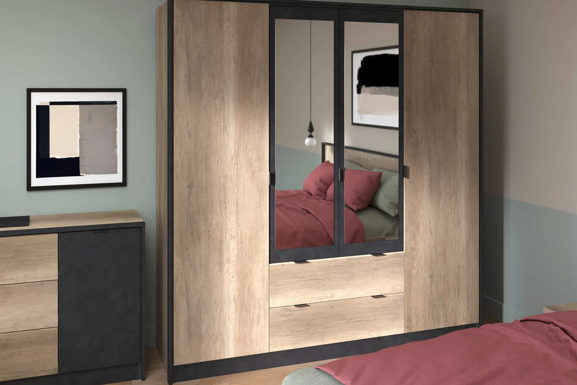 Kleiderschrank Yuri 188cm, 4 Türen und 2 Schubladen - Dekor Anthrazit/Eiche