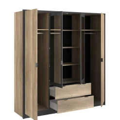 Kleiderschrank Yuri 188cm, 4 Türen und 2 Schubladen - Dekor Anthrazit/Eiche