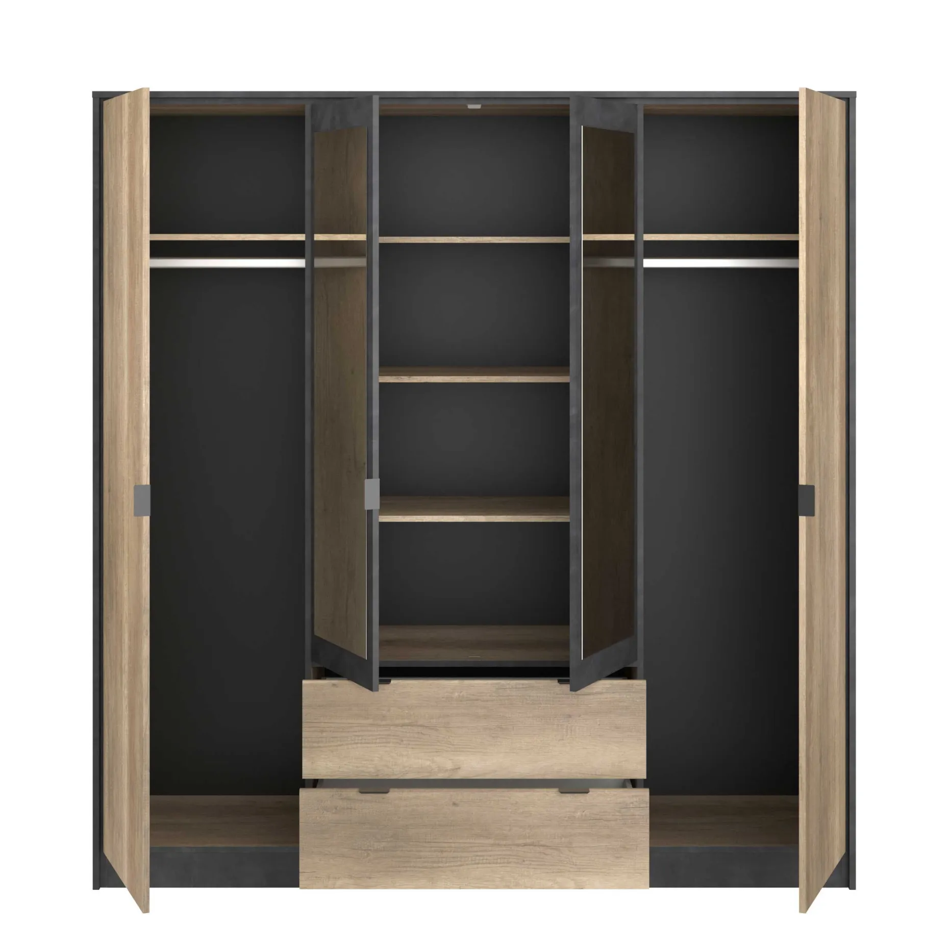 Kleiderschrank Yuri 188cm, 4 Türen und 2 Schubladen - Dekor Anthrazit/Eiche