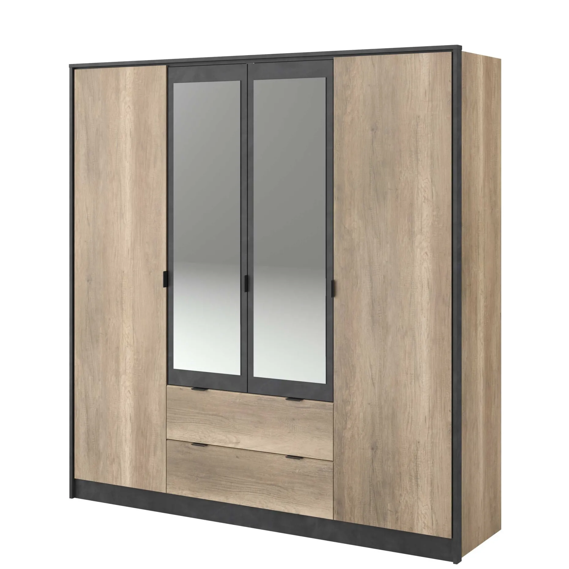 Kleiderschrank Yuri 188cm, 4 Türen und 2 Schubladen - Dekor Anthrazit/Eiche