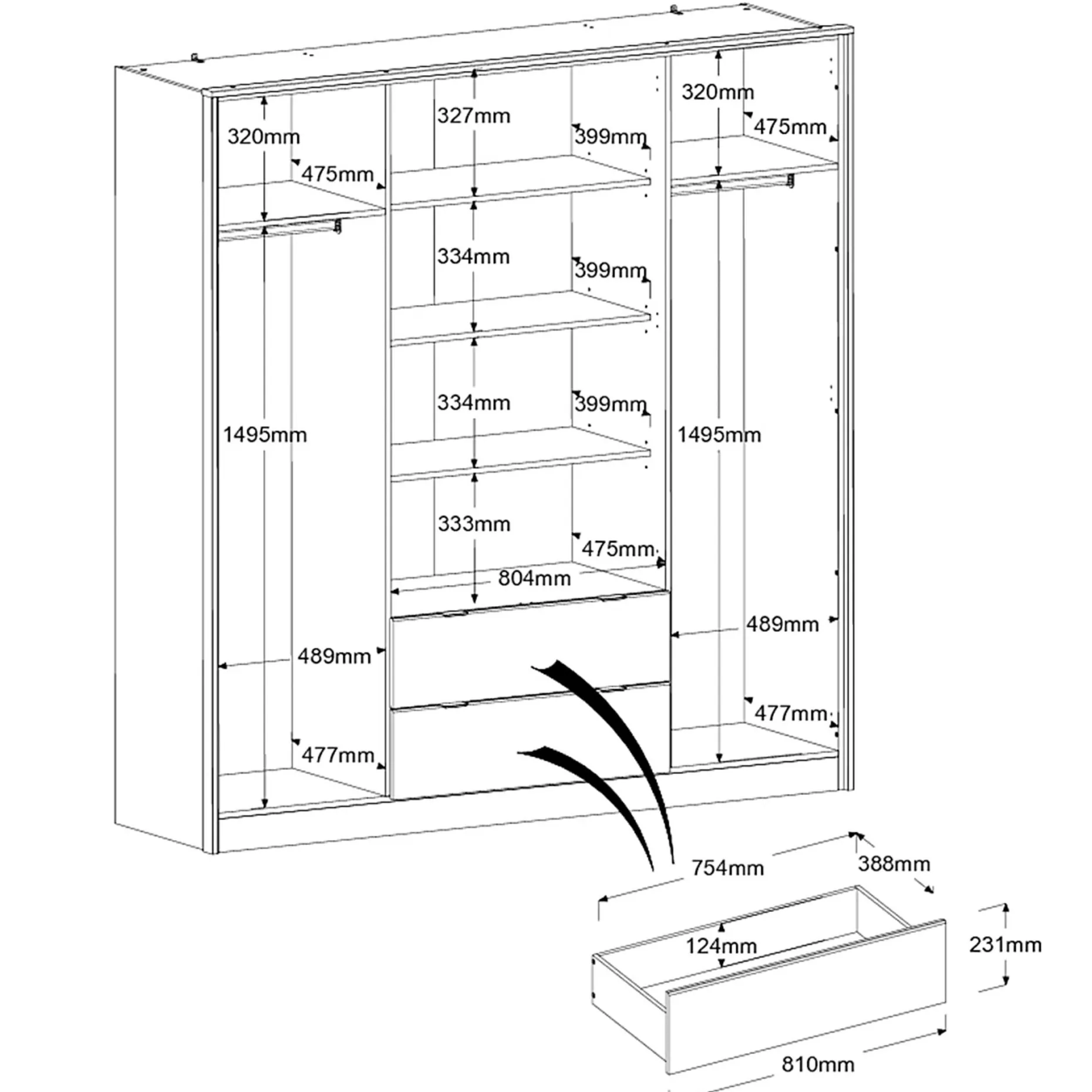 Kleiderschrank Yuri 188cm, 4 Türen und 2 Schubladen - Dekor Anthrazit/Eiche