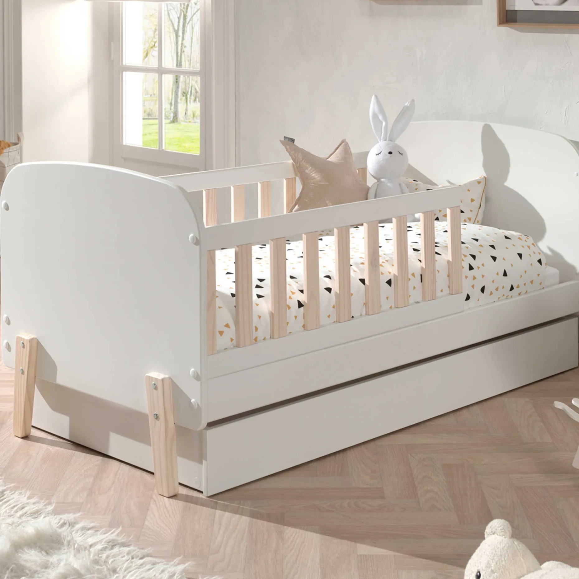Kleinkinderbett Kiddy 70x140cm mit Bettkasten - weiß/Kiefer