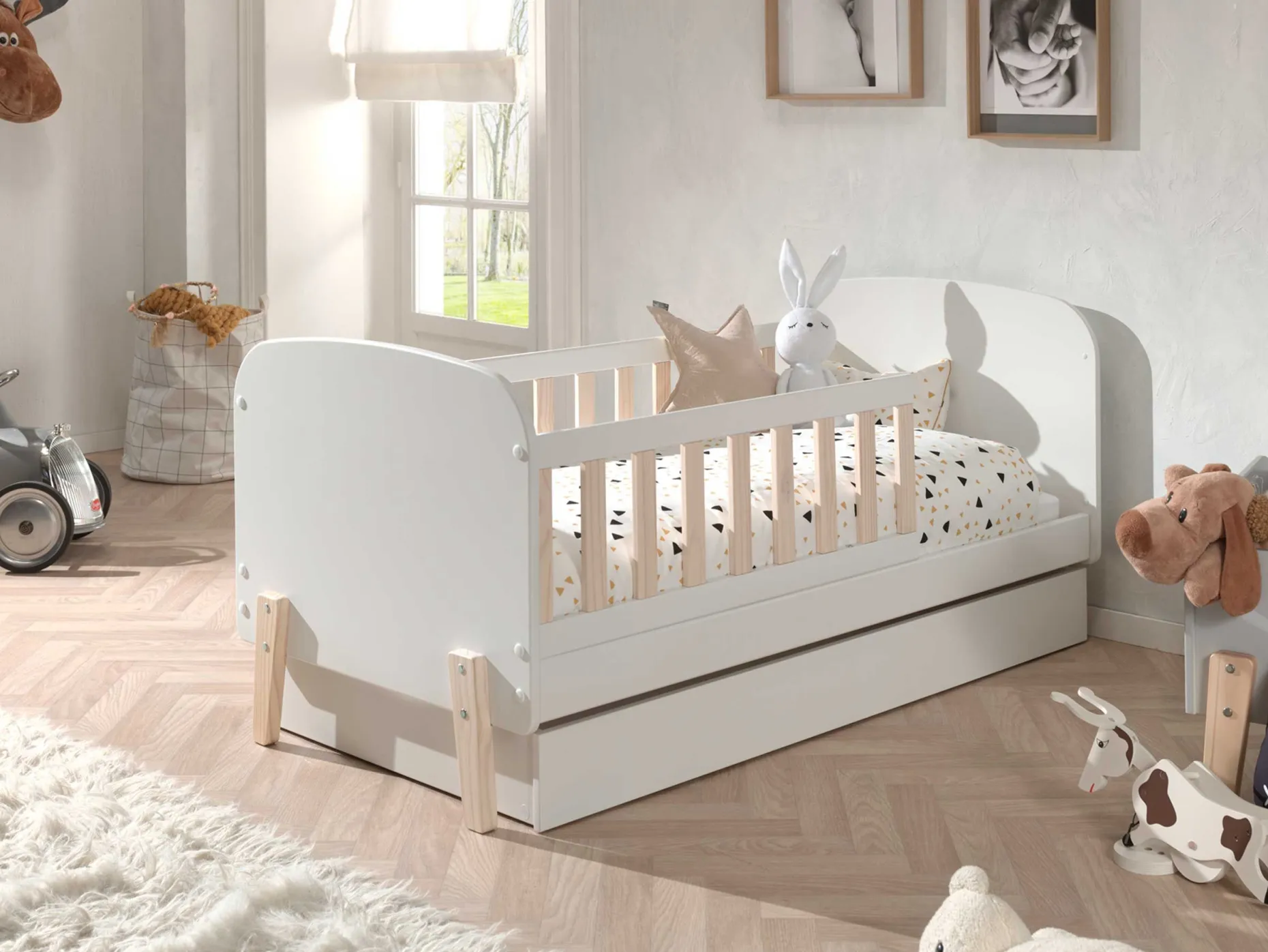 Kleinkinderbett Kiddy 70x140cm mit Bettkasten - weiß/Kiefer