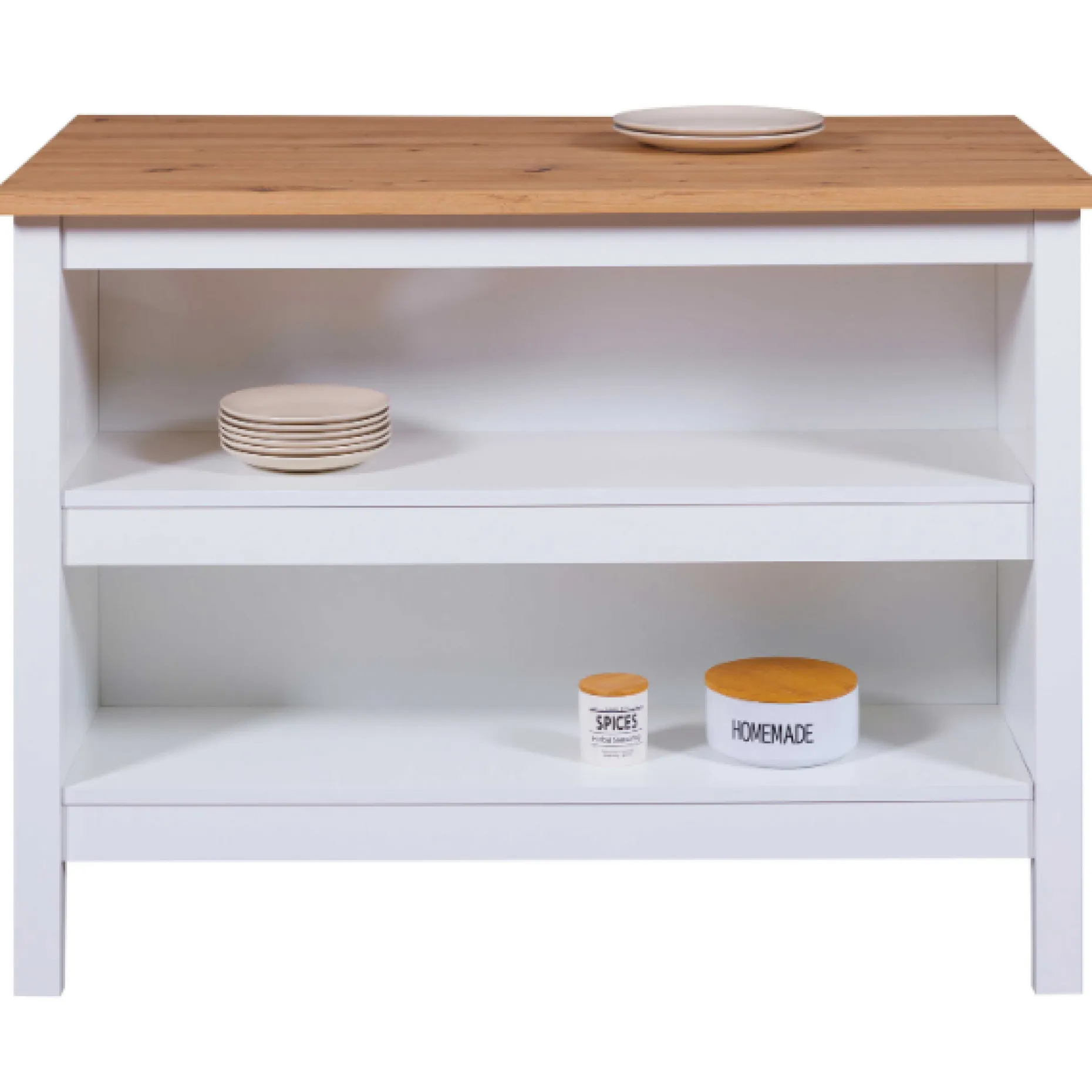 Kochinsel Julina | Platte aus Eichenholz | 124 x 75 x 91,5 cm | Farbe: Weiß
