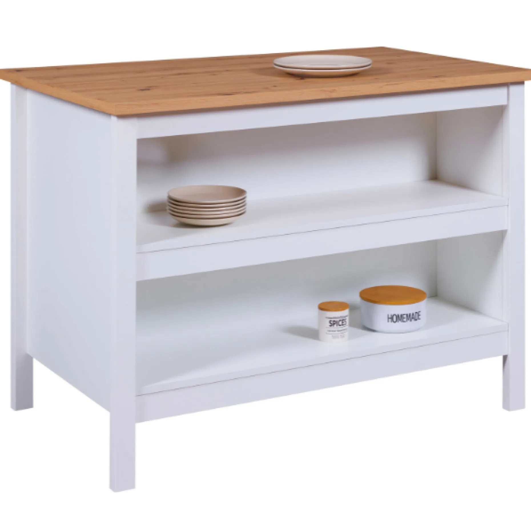Kochinsel Julina | Platte aus Eichenholz | 124 x 75 x 91,5 cm | Farbe: Weiß
