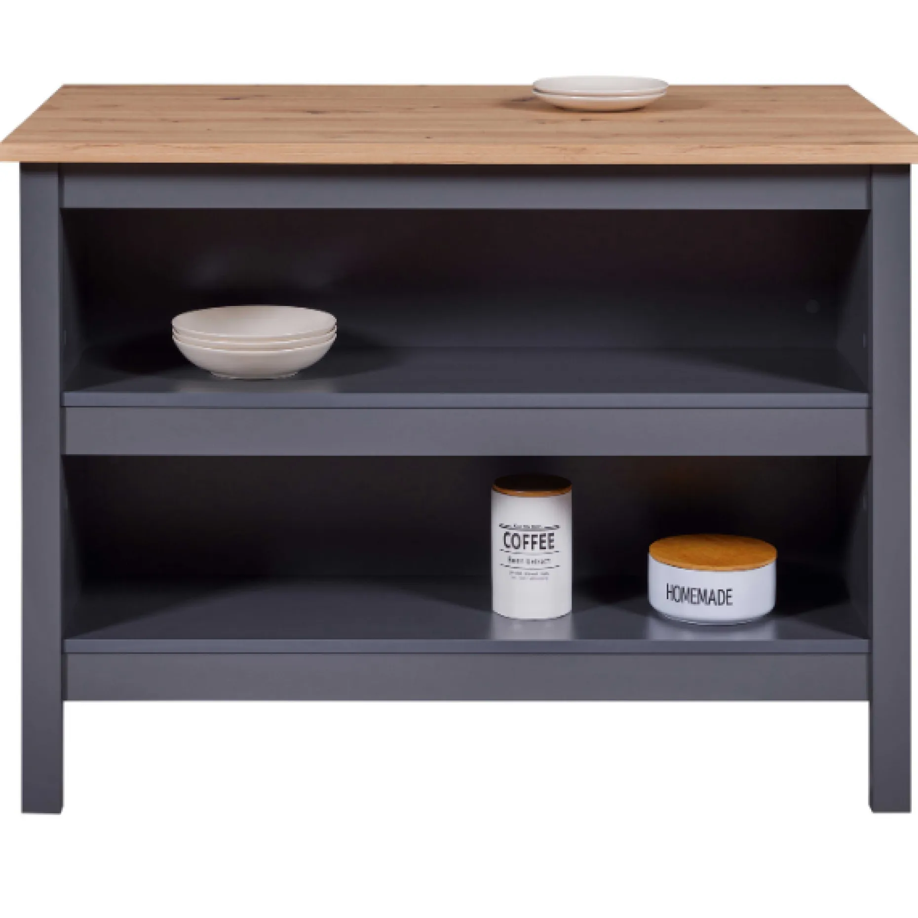 Kochinsel Nellina | Arbeitsplatte aus Eichenholz | 124 x 75 x 91,5 cm | Farbe: Anthrazit
