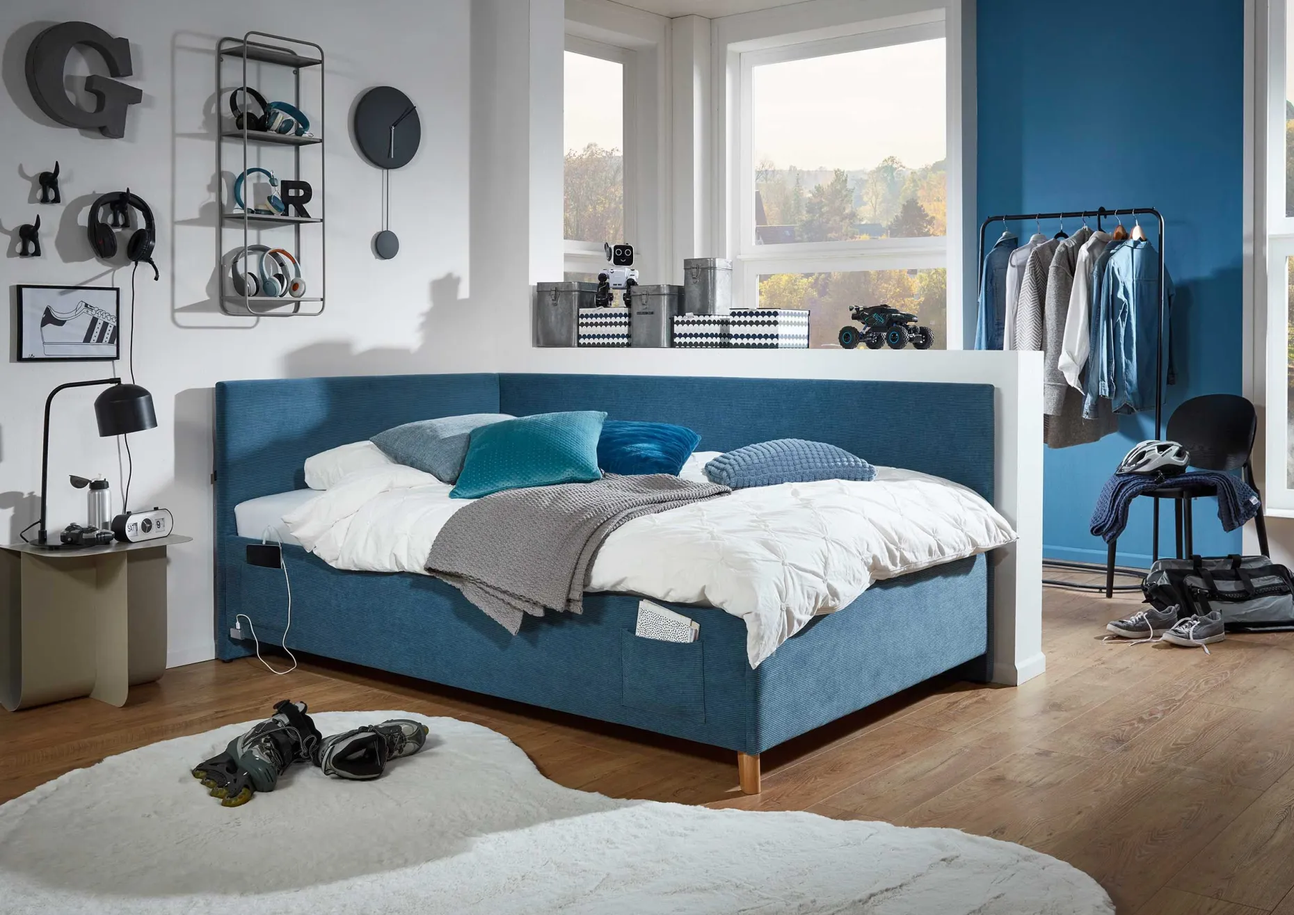 Kofferbett Cool | 120 x 200 cm | Mit Rückenlehne | Blaues Design