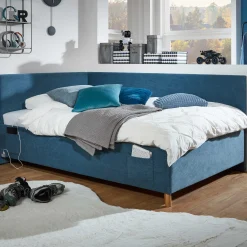 Kofferbett Cool | 90 x 200 cm | Mit Rückenlehne | Blaues Design