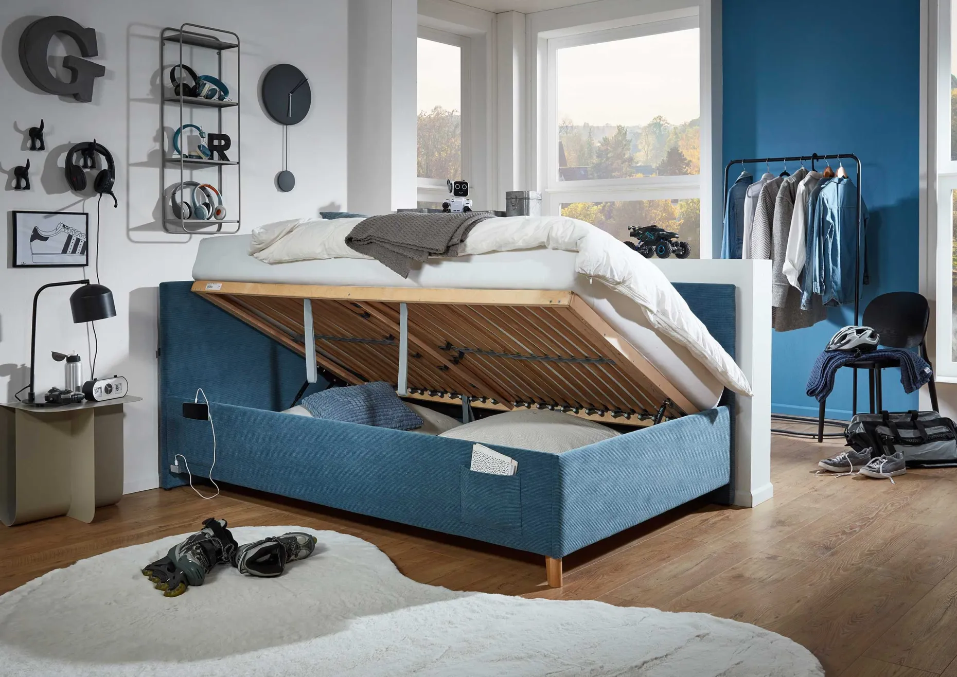 Kofferbett Cool | 90 x 200 cm | Mit Rückenlehne | Blaues Design