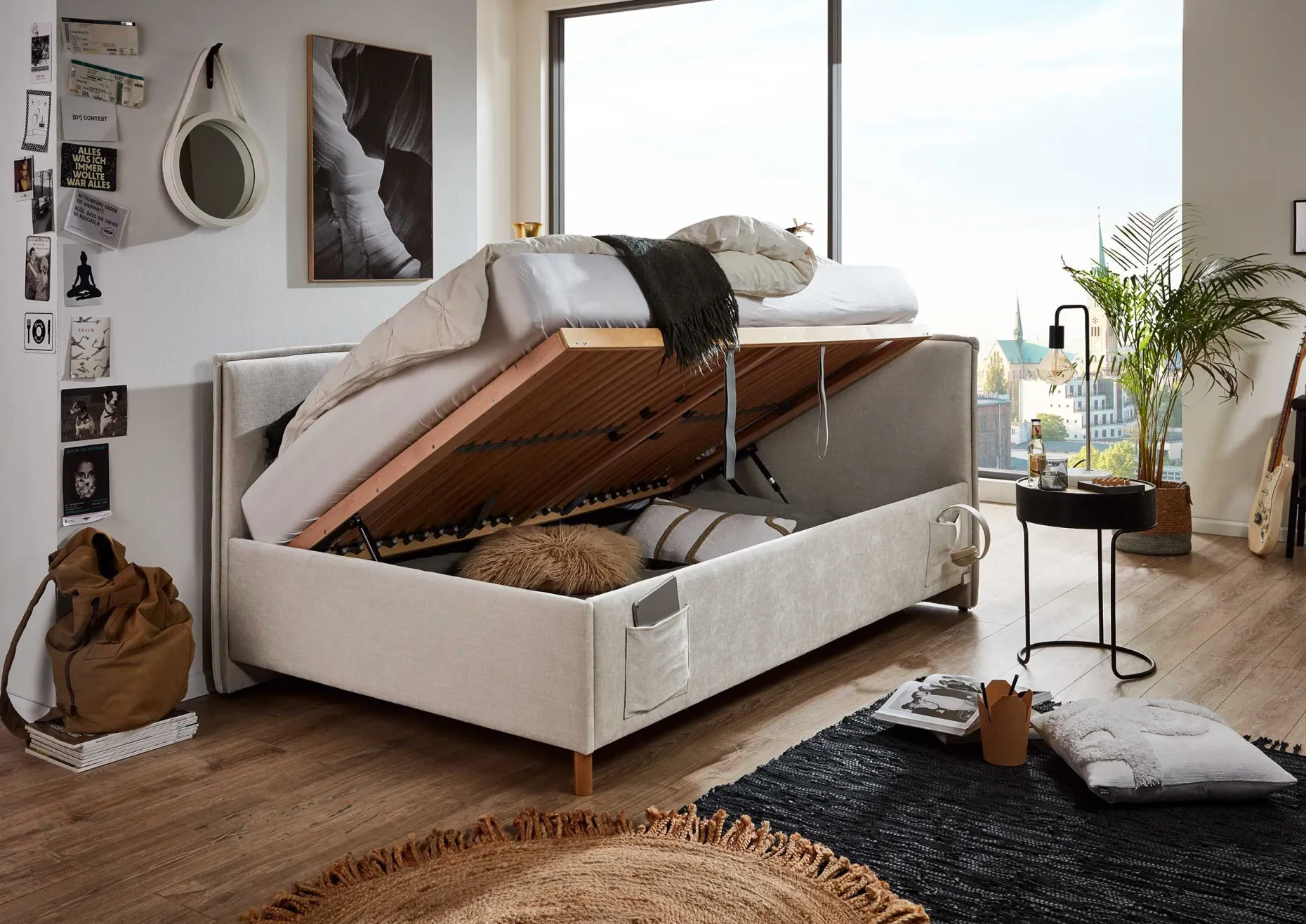 Kofferbett Ollie | Mit Rückenlehne | 120 x 200 cm | Beige Design