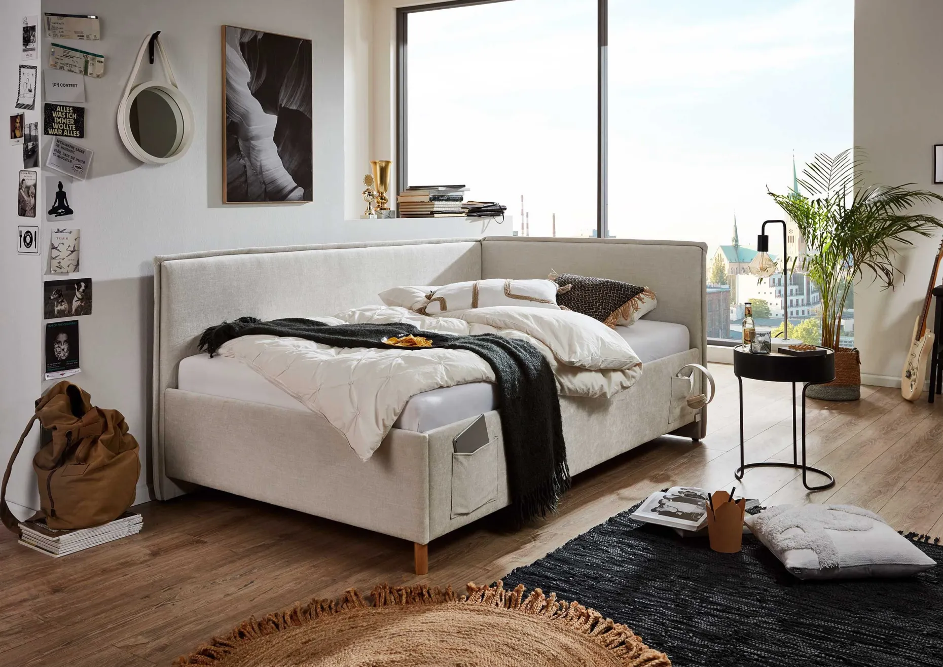 Kofferbett Ollie | Mit Rückenlehne | 120 x 200 cm | Beige Design