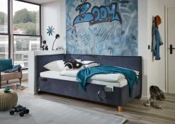 Kofferbett Ollie | Mit Rückenlehne | 120 x 200 cm | marineblaues Design