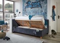 Kofferbett Ollie | Mit Rückenlehne | 140 x 200 cm | marineblaues Design
