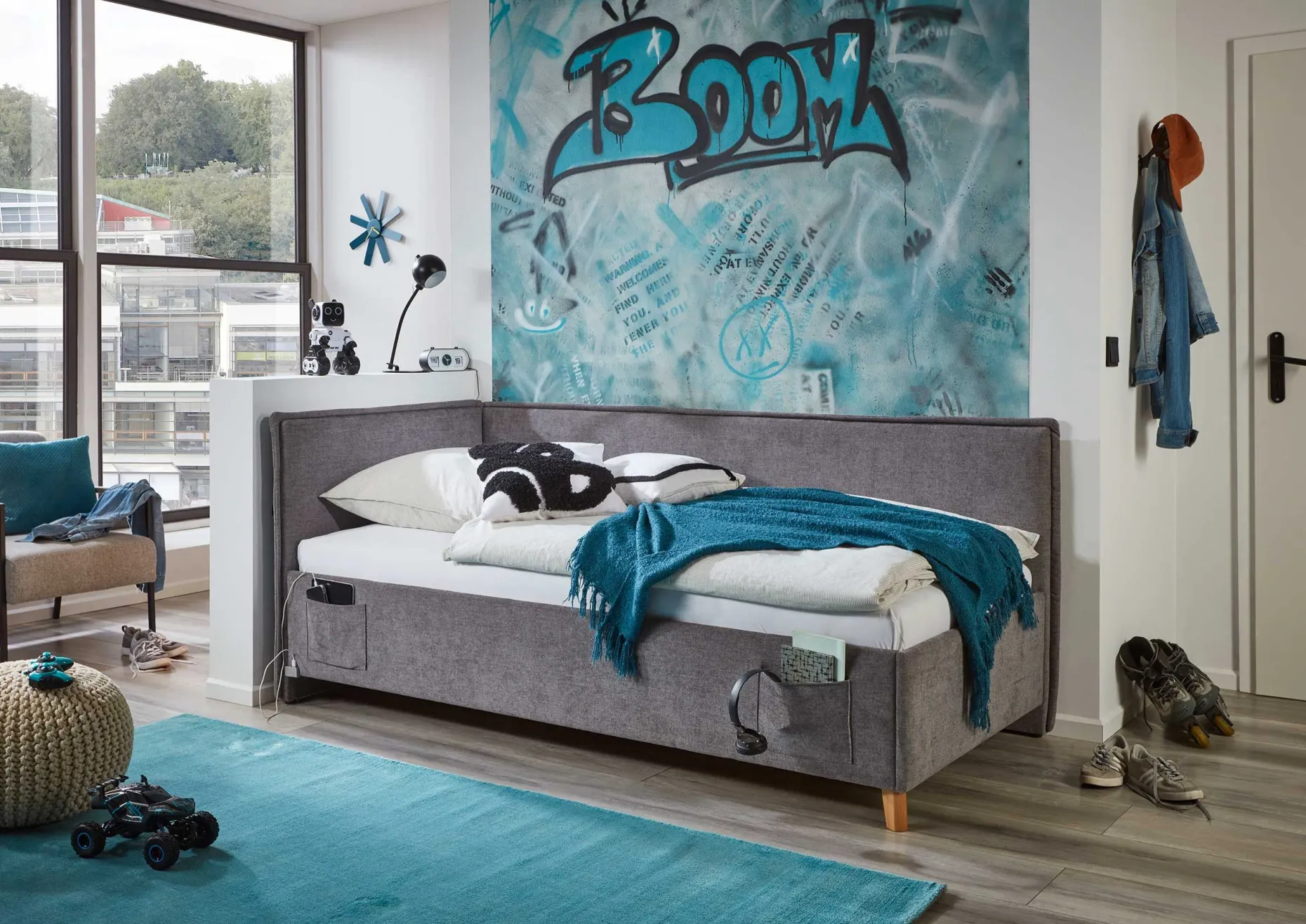 Kofferbett Ollie | 90 x 200 cm | Mit Rückenlehne | Grau