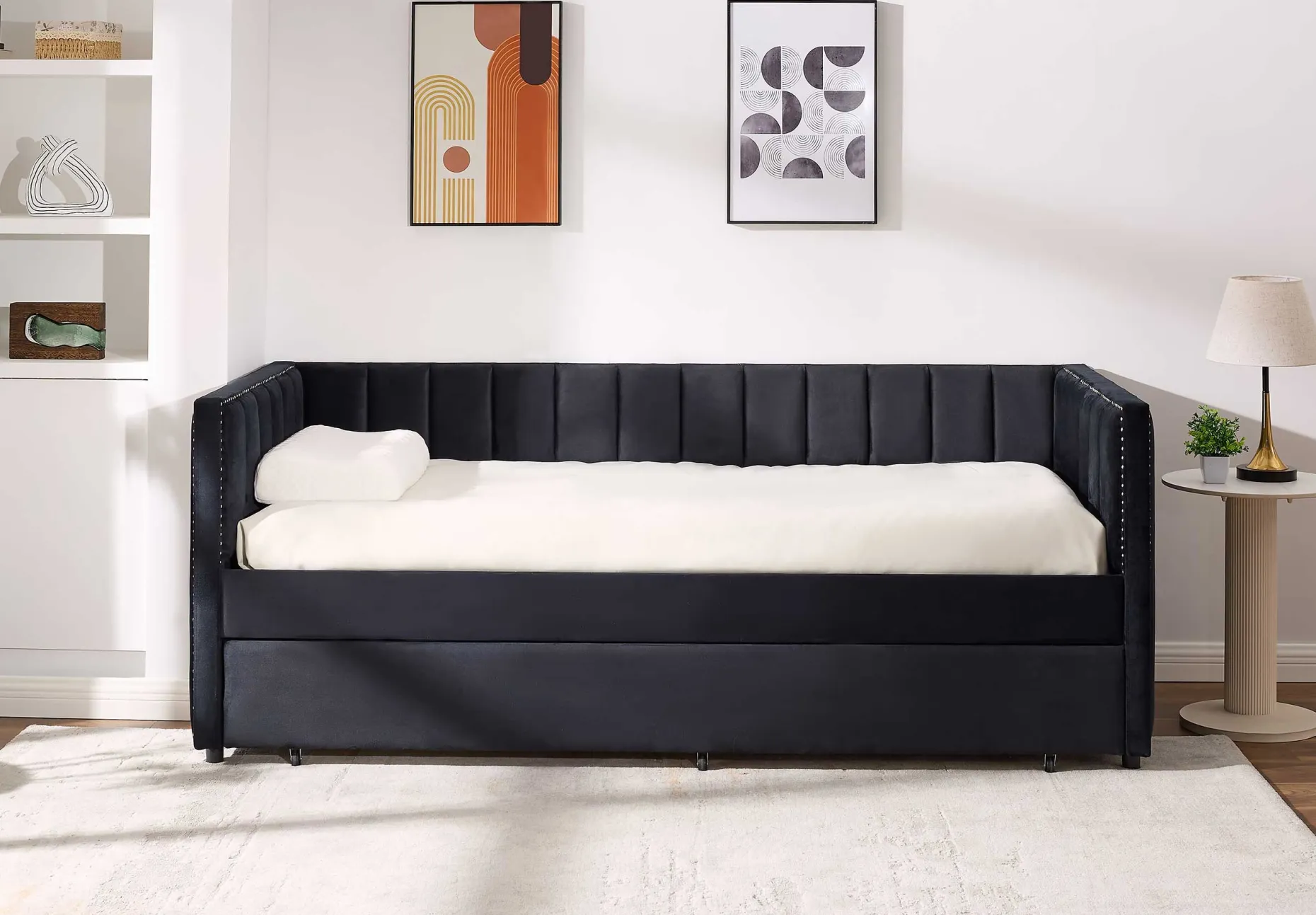 Kojenbett Auckland - 90 x 200 cm - Mit Rollbett - Schwarzer Velours