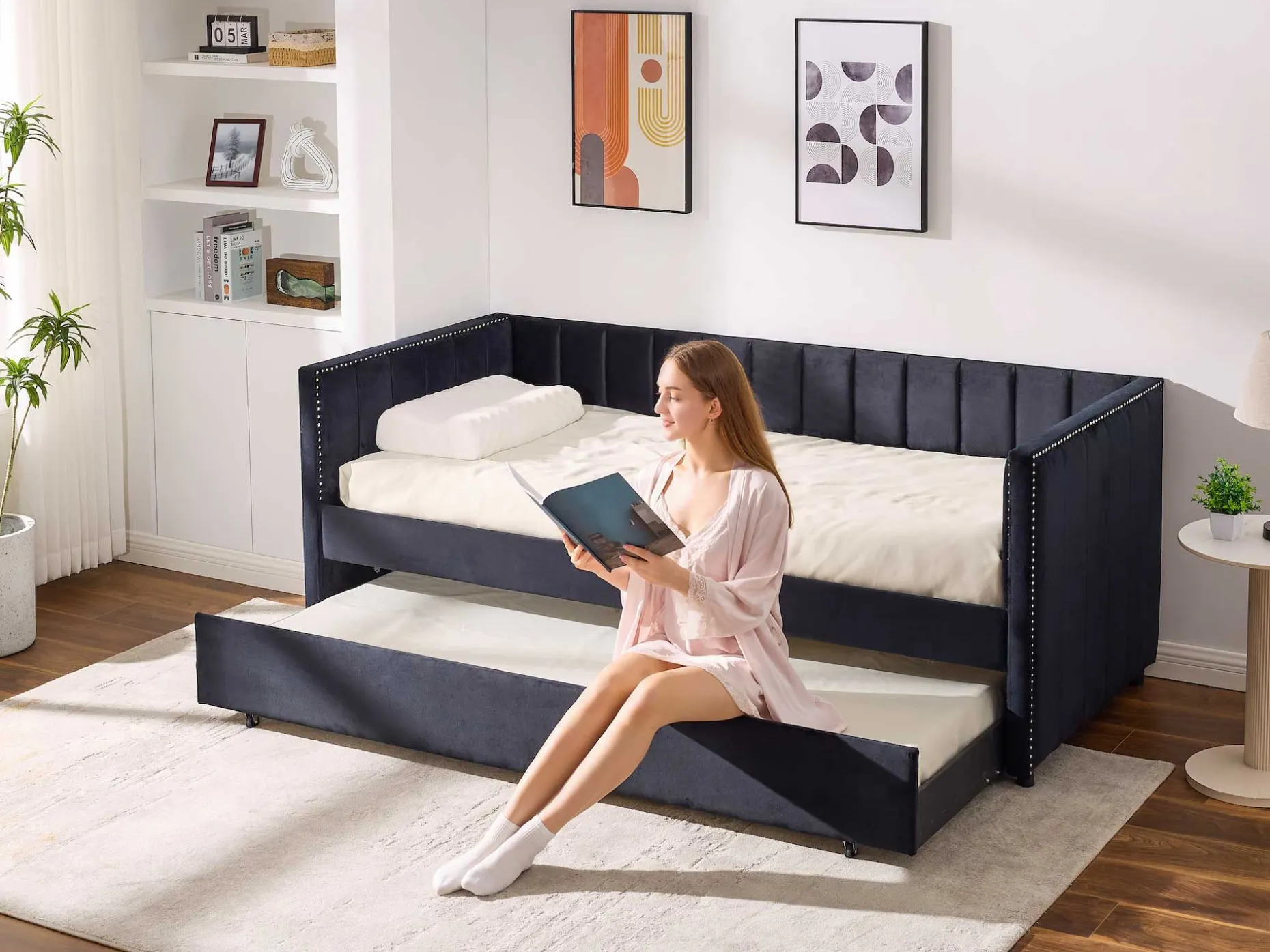 Kojenbett Auckland - 90 x 200 cm - Mit Rollbett - Schwarzer Velours