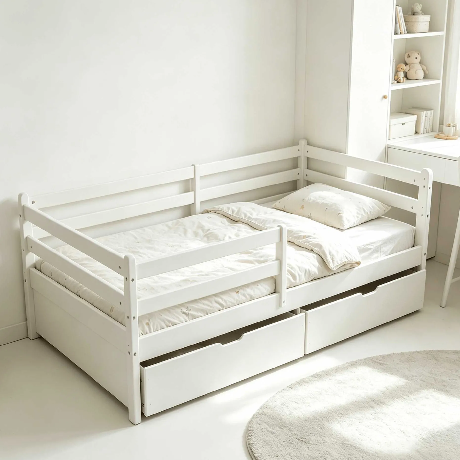 Kojenbett Nest - 90x200cm - mit zwei Schubladen - massivem Kiefernholz - weiß