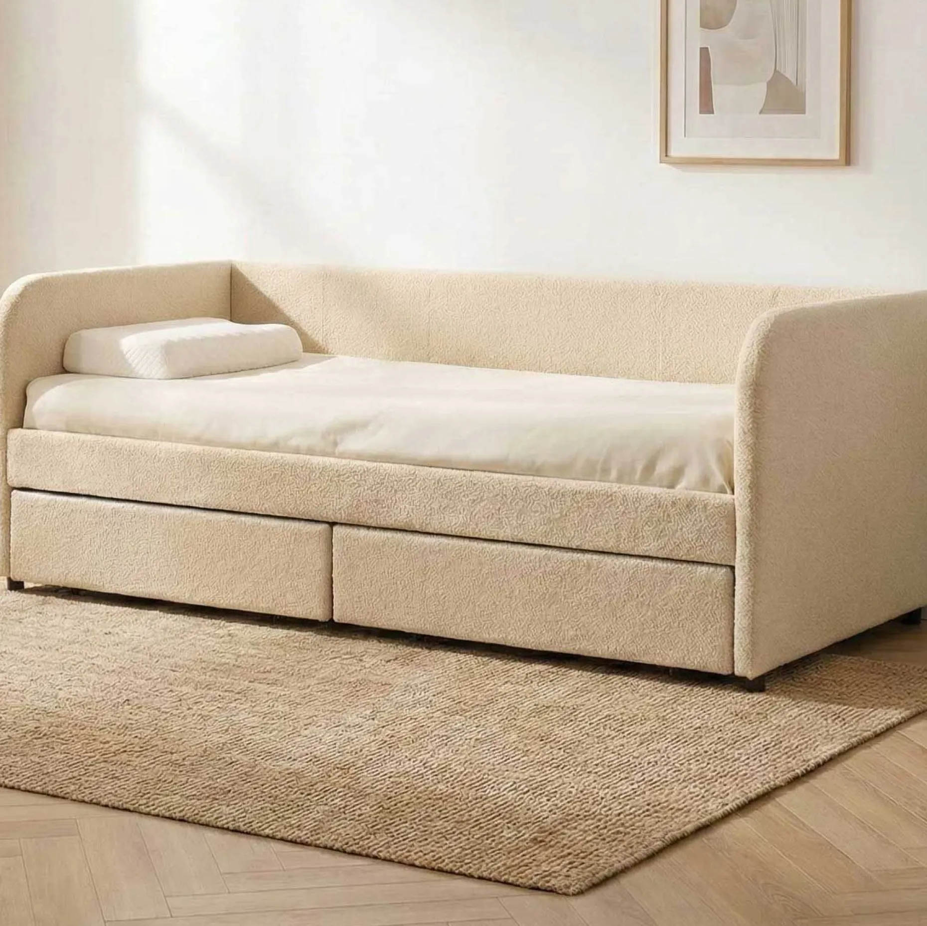 Kojenbett Spector - 90 x 200 cm - Mit Schubladen - Beiger Teddystoff