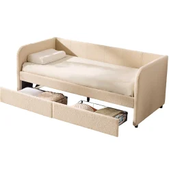Kojenbett Spector - 90 x 200 cm - Mit Schubladen - Beiger Teddystoff