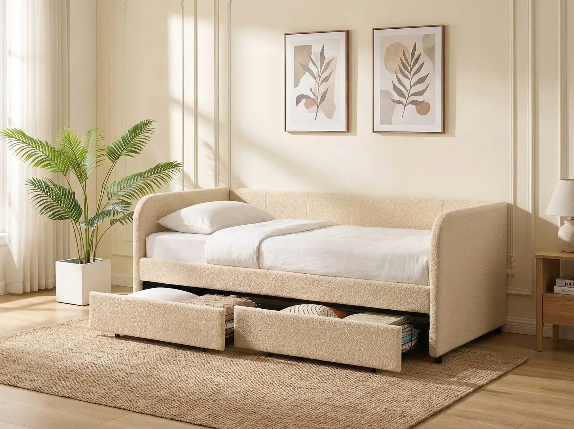 Kojenbett Spector - 90 x 200 cm - Mit Schubladen - Beiger Teddystoff