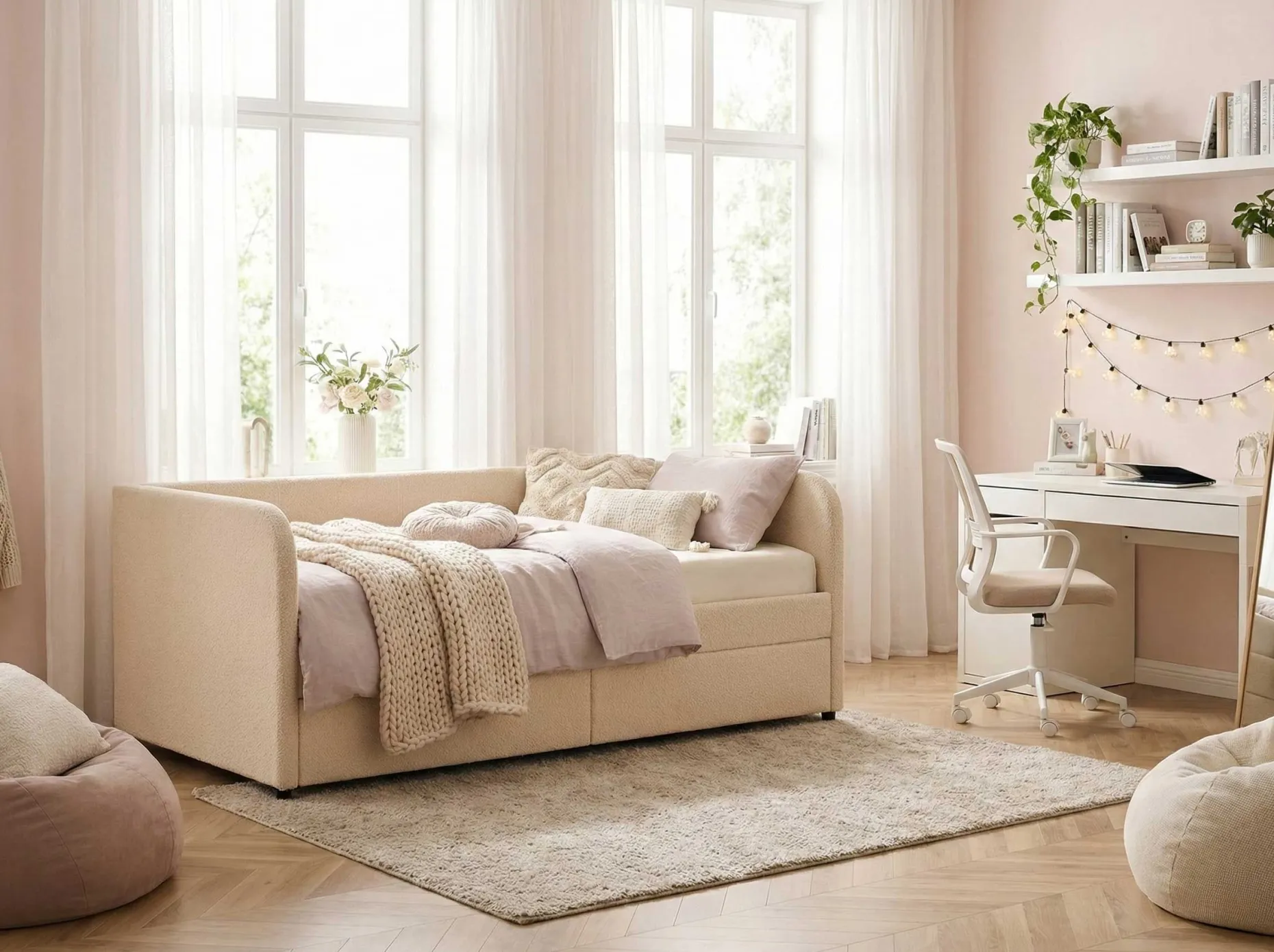 Kojenbett Spector - 90 x 200 cm - Mit Schubladen - Beiger Teddystoff