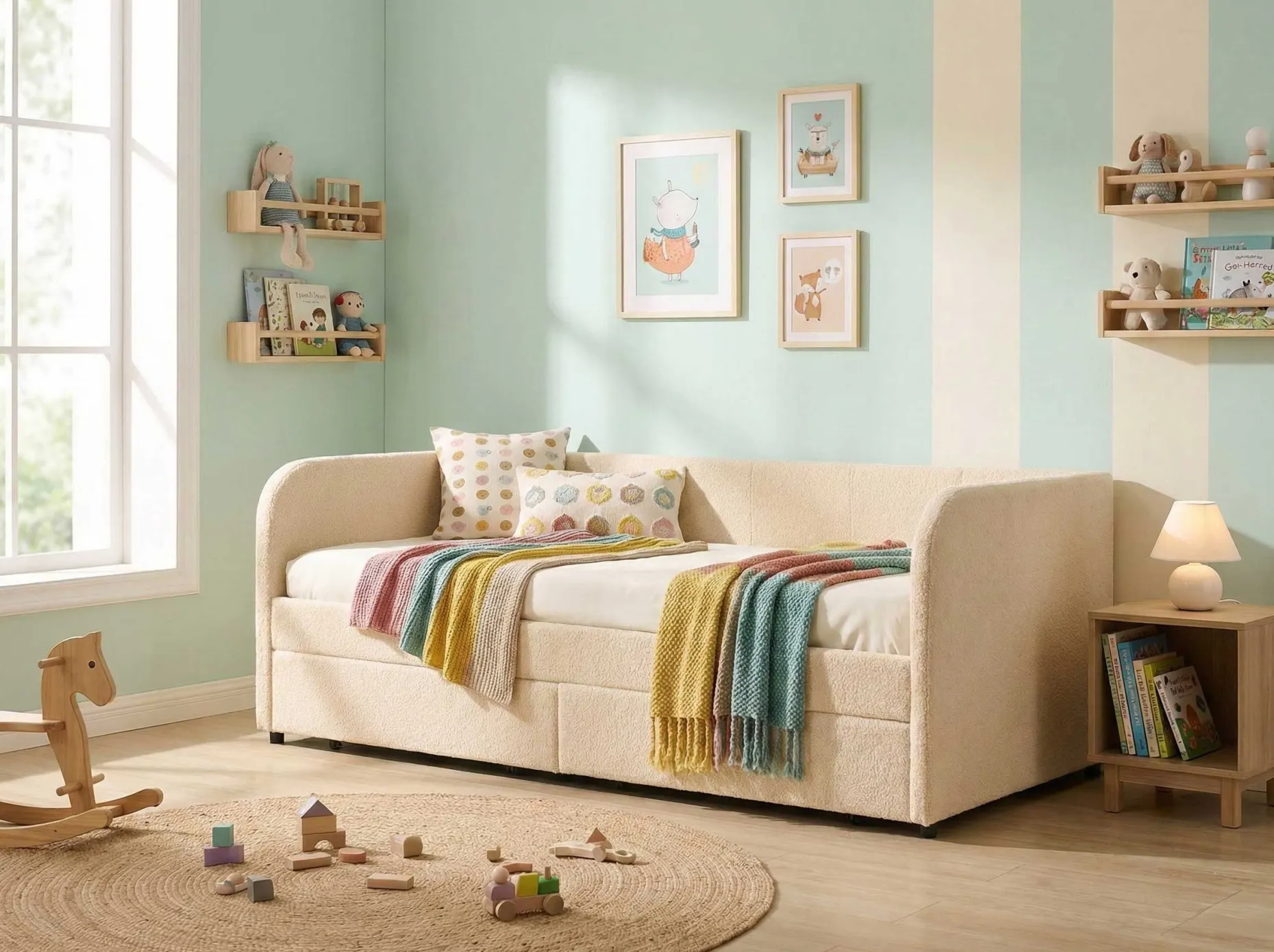 Kojenbett Spector - 90 x 200 cm - Mit Schubladen - Beiger Teddystoff