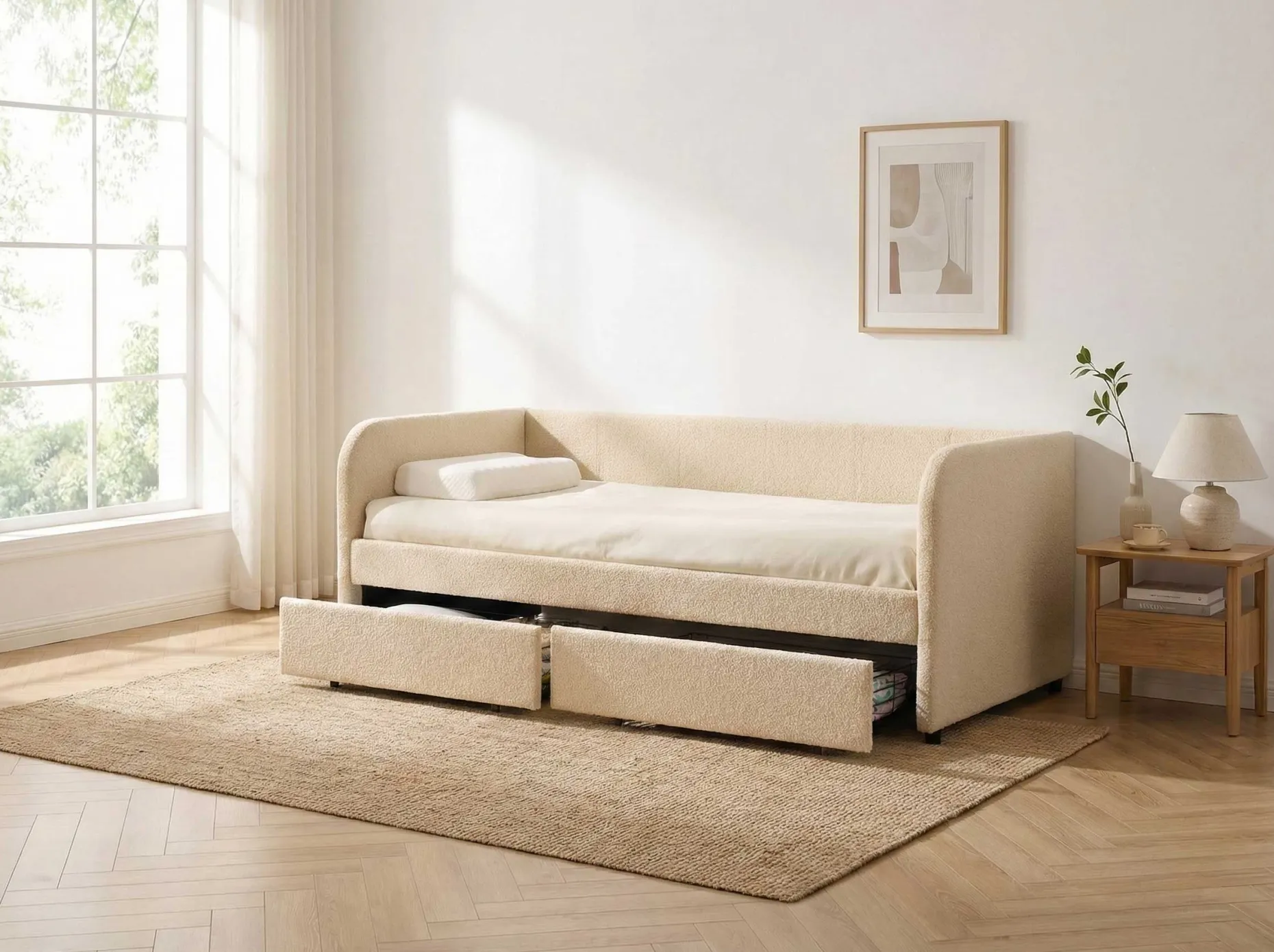 Kojenbett Spector - 90 x 200 cm - Mit Schubladen - Beiger Teddystoff