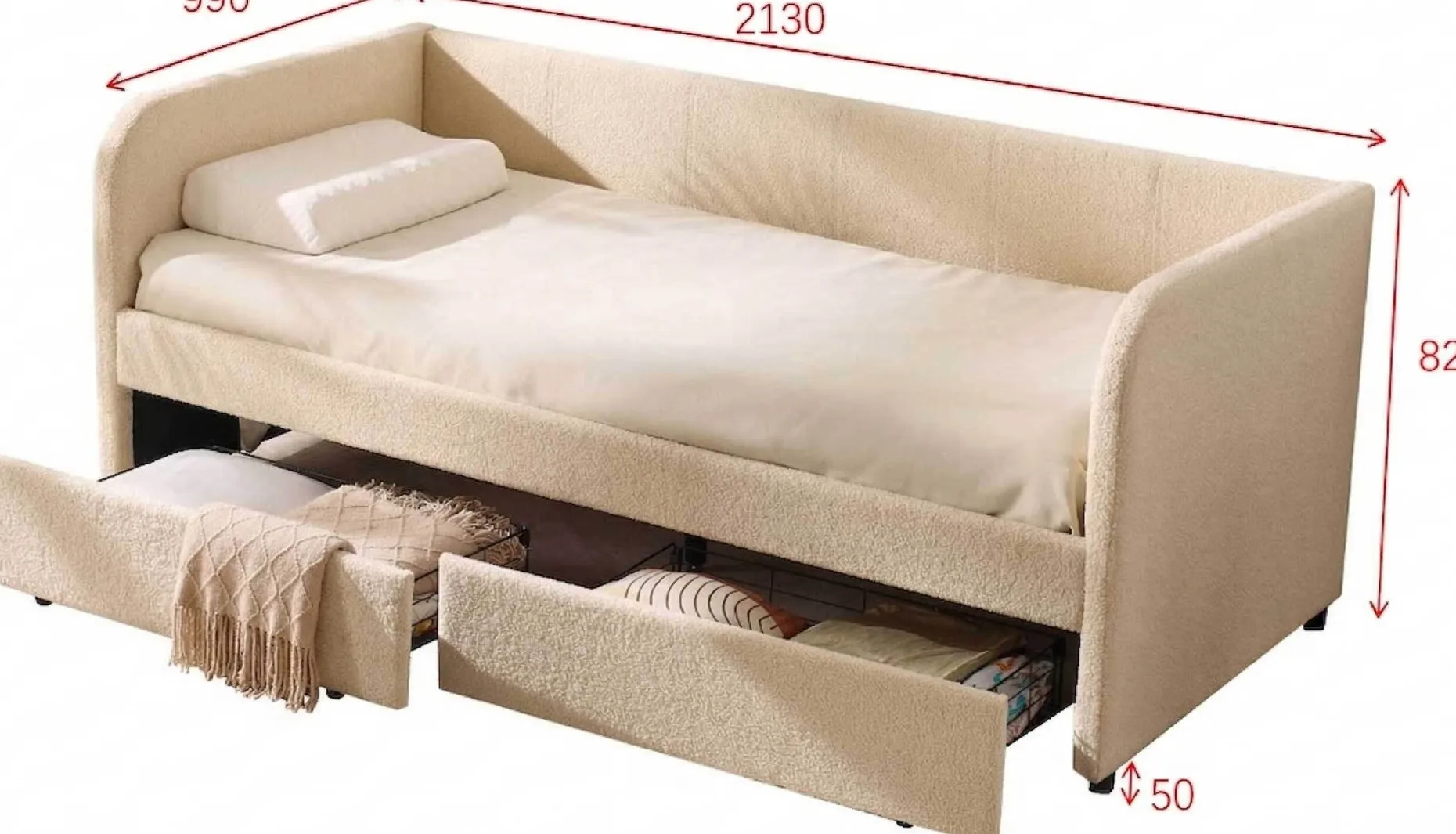 Kojenbett Spector - 90 x 200 cm - Mit Schubladen - Beiger Teddystoff