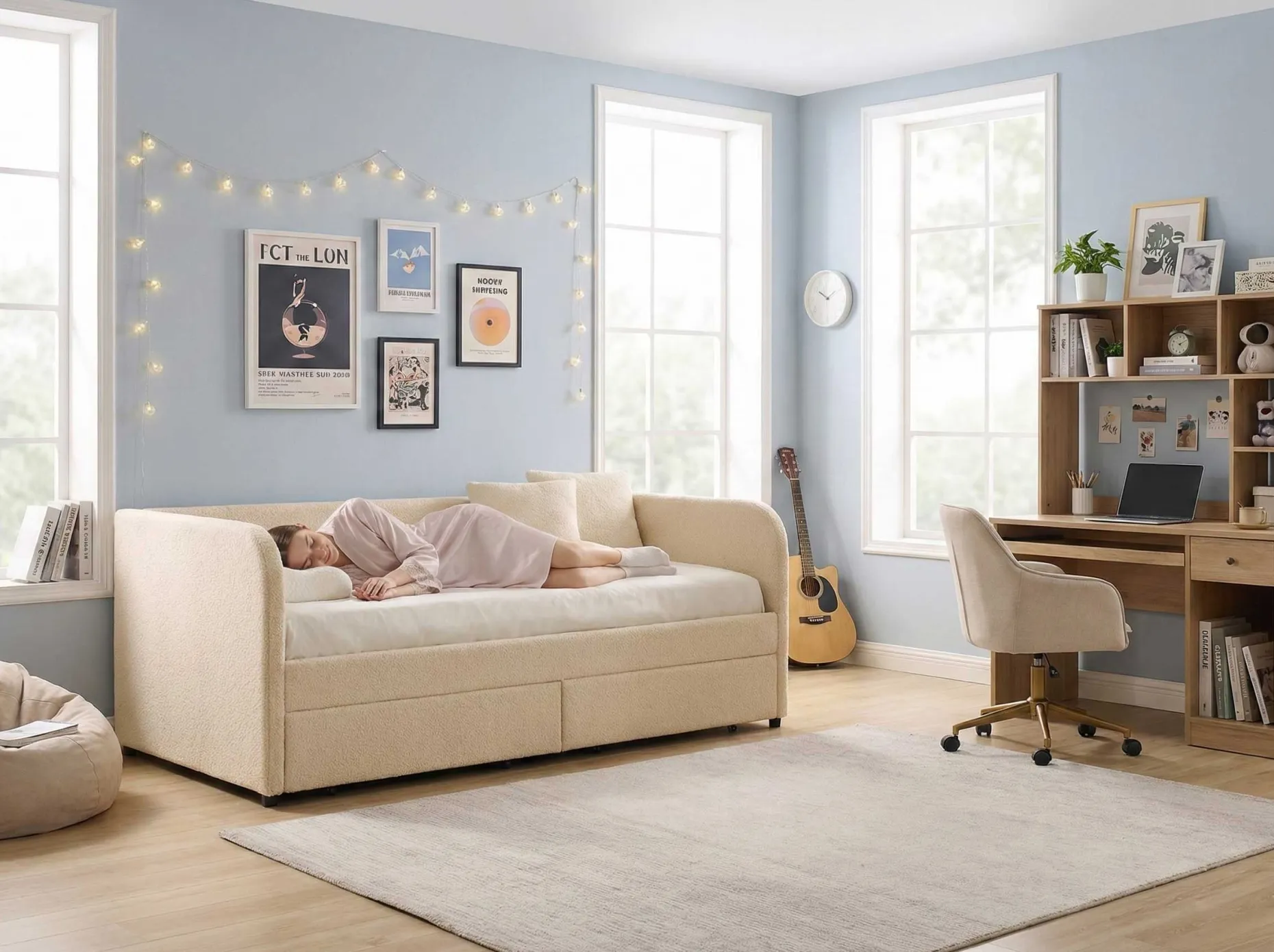 Kojenbett Spector - 90 x 200 cm - Mit Schubladen - Beiger Teddystoff