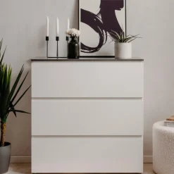 Kommode Bresse - 89x40x92cm - 3 Schubladen - Hochglanz weiß/anthrazit