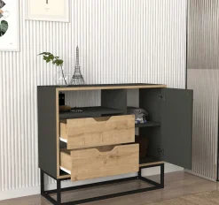Kommode Dolores - 90x35x80cm - 2 Schubladen und 1 Tür - Eiche Dekor/anthrazit
