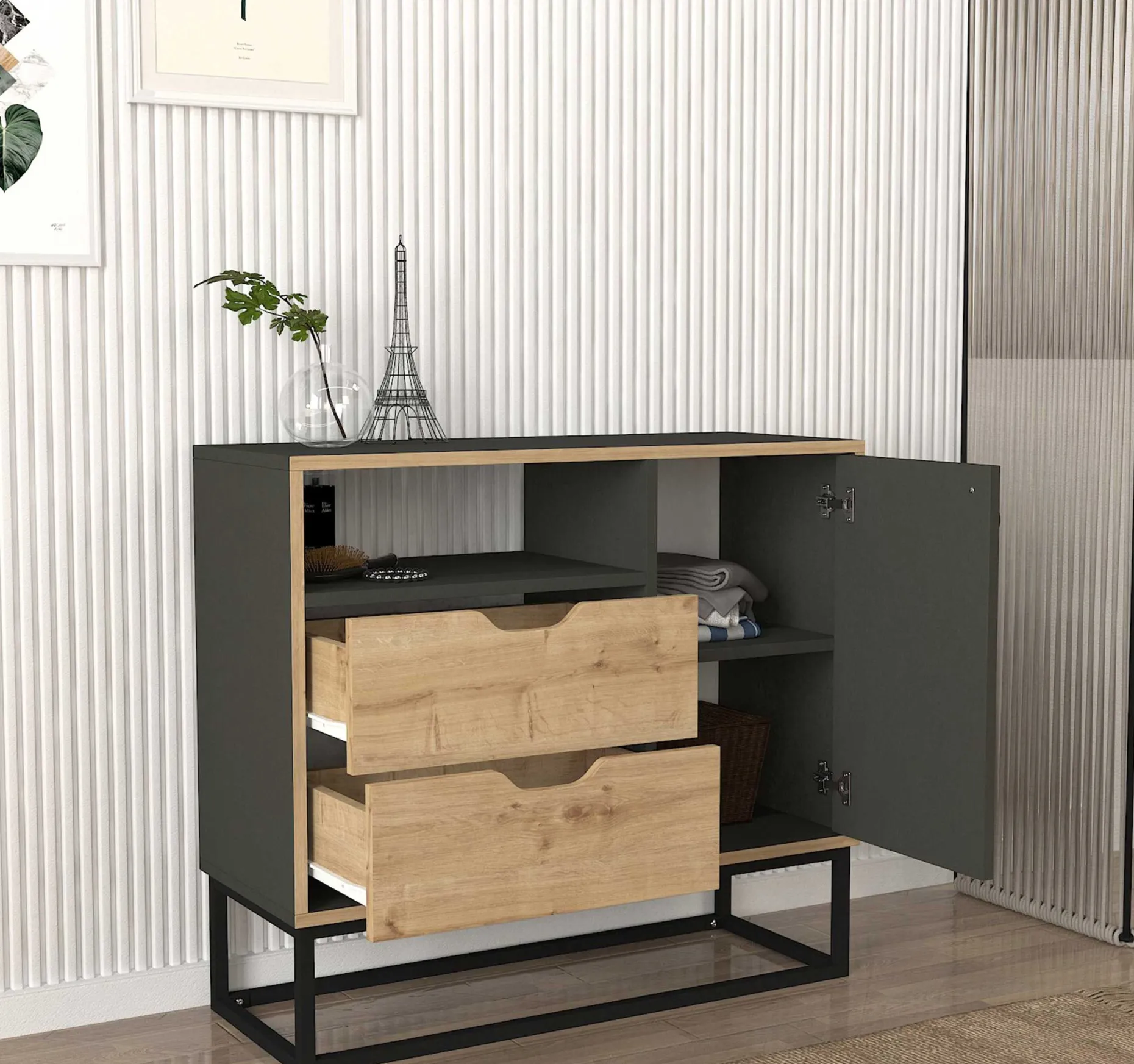 Kommode Dolores - 90x35x80cm - 2 Schubladen und 1 Tür - Eiche Dekor/anthrazit
